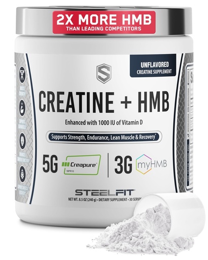 [BRSWYCA5OJYWMH3L] SteelFit Creatine HMB Powder - 5g Creapure Creatine Monohydrate Powder, 3g myHMB & 1000 IU Vitamin D - Workout Supplement Supports Muscle Growth, Strength, Recovery & Energy - Unflavored, 30 Servings