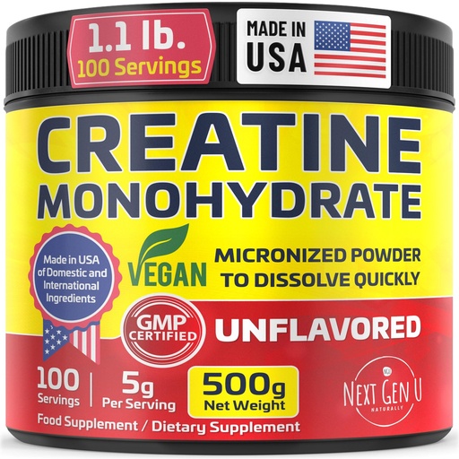 [BRSREEAOAEBGY3T5] Vegan Creatine Monohydrate Powder - 5000 mg per Serving, 500g / 1.1 lb - Micronized Unflavored Pure Food Supplement - May Help Support Muscles, Energy, Cognitive Function - by NextGenU