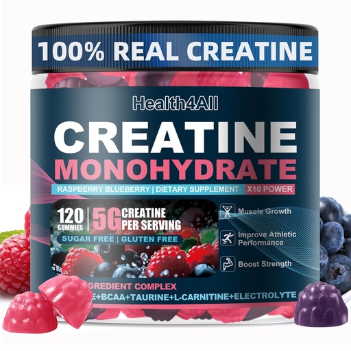 [BRSREGQCCRYAGCTP] Health4All Creatine Monohydrate Gummies 5g for Men & Women, Creatine Gummy for Strength Energy & Muscle Growth Support Pre-Workout Supplement - Raspberry & Blueberry 120 Gummy