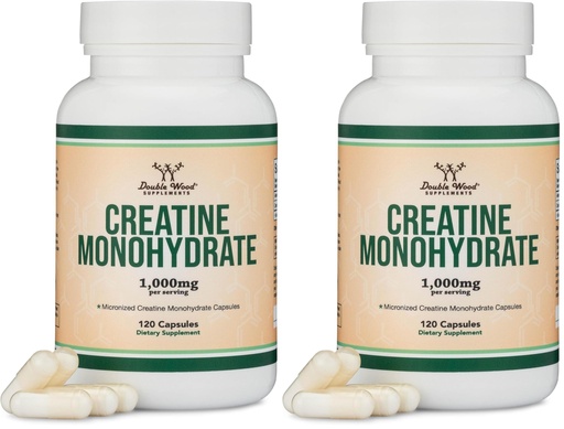 [BRSRGFI7DMMGYD32] Creatine Monohydrate Capsules - 1g per Serving, 120 Count - No Fillers, Vegan Safe, Non-GMO, Gluten Free by Double Wood (Pack of 2)