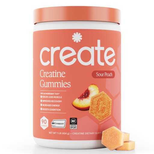 [BRSREGA2AANW2DTJ] Create Creatine Monohydrate Gummies for Men & Women, Boost Focus, Strength, and Endurance, Anti-Melting Formula, Vegan, Gluten-Free, Non-GMO, 1.5g of Creatine per Gummy (Sour Peach)