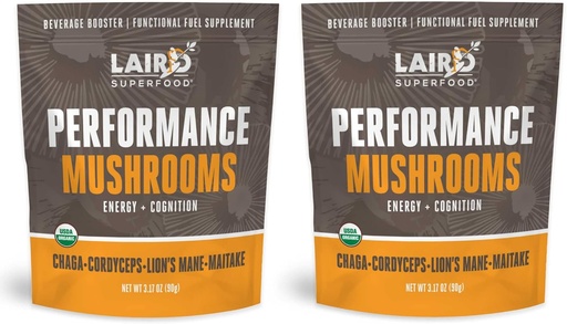 [BRSW2BQYO4NGGHLL] Laird Superfood Organic Performance Mushroom Blend with Chaga, Cordyceps, Lion's Mane and Maitake for Energy and Cognition, 3.17 oz. Bag, Pack of 2