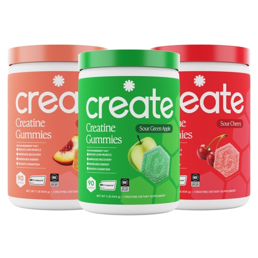 [BRSRGAIRO4PGEFAY] Create Creatine Monohydrate Gummies - Extreme Sour Trio - Sour Green Apple, Peach & Cherry - Creatine Gummies for Women & Men, NSF Certified, 3rd Party Tested, 270 Count (3-Pack)