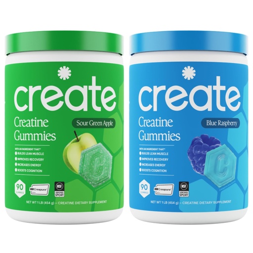 [BRSRGAIBOEBBS2QV] Create Creatine Monohydrate Gummies - Blue Apple Blast Duo - Blue Raspberry & Sour Apple - Creatine Gummies for Women & Men, NSF Certified, 3rd Party Tested, Anti-Melting Formula, 180 Count (2-Pack)
