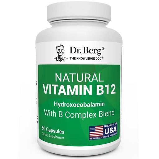 [BRSRG2TRCJYBQE3L] Dr. Berg Natural Vitamin B12 1000 mcg (Hydroxocobalamin) 60 Capsules – Energy, Brain & Nervous System Support* – w/B-Complex + Magnesium – 4X Lab Tested, GMO-Free, No Fillers