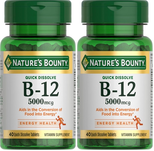 [BRSRGGQTA57BEF3G] Nature's Bounty Vitamin B12, Supports Energy Metabolism and Nervous System Health, 5000mcg, 40 Quick Dissolve Tablets (Pack of 2)