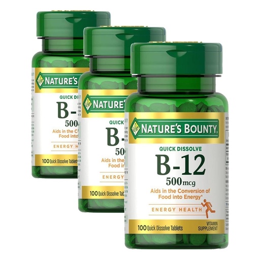 [BRSREBINOB7A2ELD] Nature's Bounty Vitamin B12, Supports Energy Metabolism and Nervous System Health, 500mcg, 100 Quick Dissolve Tablets (Pack of 3)