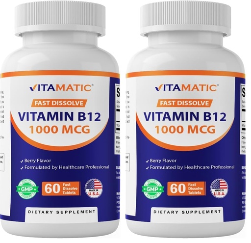 [BRSRGFIFBN6RGFDD] Vitamatic Vitamin B12 1000 mcg Fast Dissolve – 60 Tablets – Natural Berry Flavor – Supports Energy Metabolism & Nervous System Health (Pack of 2)