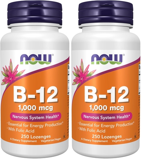 [BRSRGGQNPMIQO33K] NOW Foods Supplements, Vitamin B-12 1,000 mcg with Folic Acid, Nervous System Health*, 250 Chewable Lozenges, (Pack of 2)