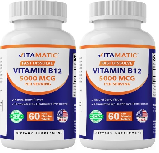 [BRSRGFIEOIIWCETB] Vitamatic Vitamin B12 5000 mcg – 60 Fast Dissolve Tablets Berry Flavor – Supports Energy Production & Nervous System Health – Non-GMO, Gluten-Free (Pack of 2)