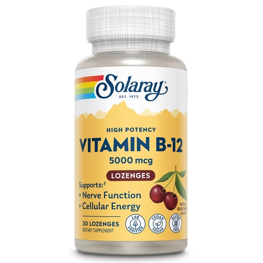 [BRSWIYT3PMMQMA36] Solaray Vitamin B-12 5000mcg Lozenges - B12 Vitamins 5000 mcg, Methylcobalamin Lozenges for Women & Men, Methylated B Vitamins for Energy Support & Nerve Health - Natural Cherry Flavor, 30 Count