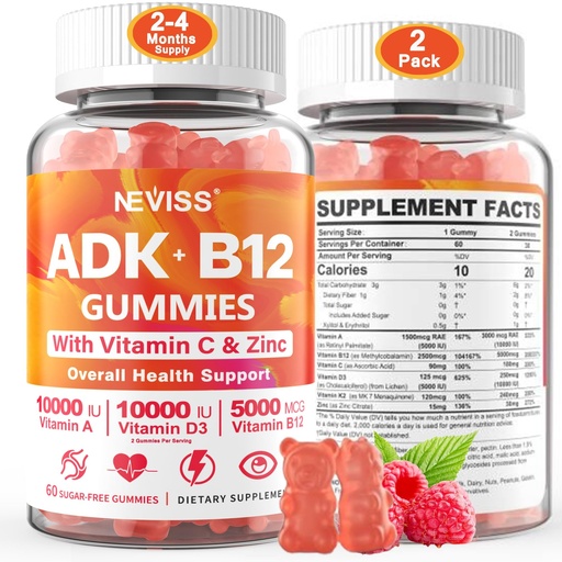 [BRSRMAAQOIHGC3Y2] Sugar-Free ADK+Vitamin B12 Gummies - Vitamin D3 K2 10,000IU/ 5000IU, B12 5000mcg 2500mcg, K2 (MK-7) 240mcg, Multivitamin Adults-Vitamin A,Vegan Vitamin D,Methyl B12,C,Zinc-Eye,Bone,Energy,Nerve,Immune