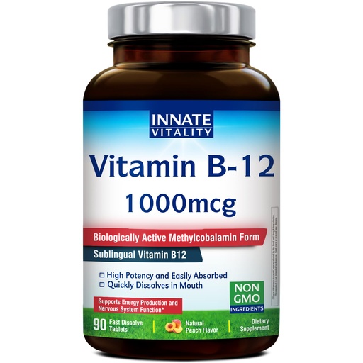 [BRSREFIZC4IA4F3J] Innate Vitality Vitamin B12 1000mcg, Sublingual Methylcobalamin, for Energy Metabolism, Mental Clarity, Nervous System Health, Peach Flavor, Zero Sugar, 90 Fast Dissolve Tablets