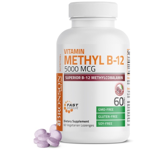 [BRSWGBAFOZ4A22T2] Bronson Methyl B12 5000 mcg Vitamin B12 Methylcobalamin Energy & Brain Support 60 Lozenges