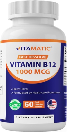 [BRSREHQQB56GCCA7] Vitamatic Vitamin B12 1000 mcg Fast Dissolve – 60 Tablets – Natural Berry Flavor – Supports Energy Metabolism & Nervous System Health