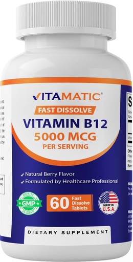[BRSREHQQBUCBYYDG] Vitamatic Vitamin B12 5000 mcg – 60 Fast Dissolve Tablets Berry Flavor – Supports Energy Production & Nervous System Health – Non-GMO, Gluten-Free