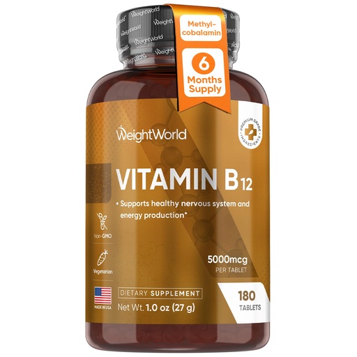 [BRSROBL2OYIAG2TL] WeightWorld B12 Vitamin 5000mcg | 6-Month Supply | B12 Methylcobalamin for Healthy Nervous System & Energy Production (180 Tablets) | Vegetarian B12 Vitamins for Women & Men, Non-GMO, 1-a-Day