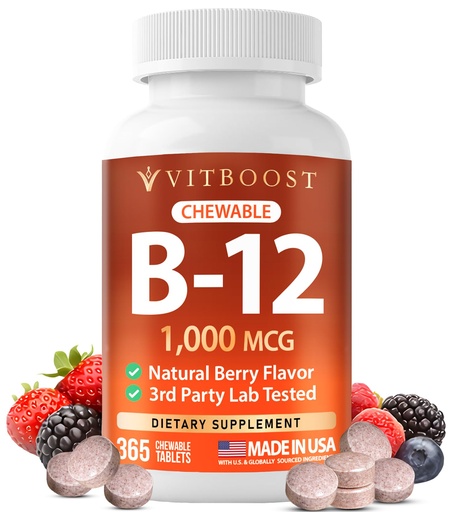 [BRSRGGA5DMAWACDF] VITBOOST Vitamin B12 1000 mcg Chewable Tablets - 365 Count Natural Berry Flavor B-12 Vitamin for Energy & Nervous System Support - Non-GMO Tablets - Made in USA
