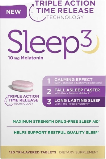 [BRSRECQLCJ7RQFLU] NB Sleep3 Triple Action Time Release Melatonin Sleep Aid, 10mg, Maximum Strength, Drug-Free, 120 Tri-Layered Tablets, with L-Theanine