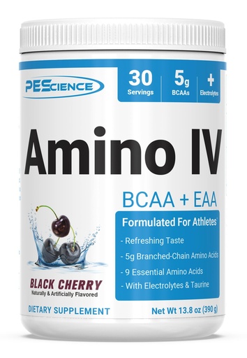 [BRSROZI6BMCQYC33] PEScience Amino IV BCAA & EAA Powder, Essential Amino Acids, Taurine, Electrolytes for Hydration and Muscle Recovery, Sugar Free for Men & Women, Post Workout - Black Cherry, 30 Servings