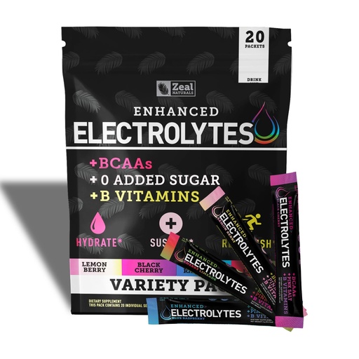 [BRSROYICAQHQGD3B] Zeal Naturals Enhanced Electrolyte Powder Stick Packs (Variety Pack - 20 Packets) Sugar Free + BCAA B-Vitamins & Pink Himalayan Salt - Keto Electrolytes, Hydration Powder
