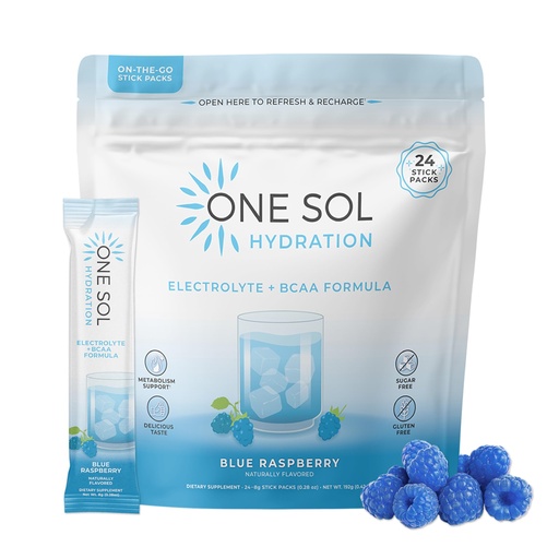 [BRSROHABA4AQ42TP] One Sol BCAA & Electrolyte Powder for Hydration & Energy, All-Natural Formula, 100% Vegan, Non-GMO, Gluten Free & Soy-Free, Promotes Muscle Growth & Recovery, Natural Blue Raspberry Flavor