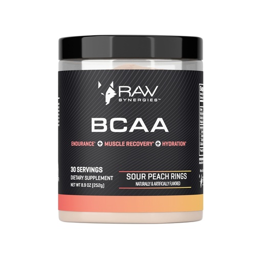 [BRSREADQCUCB6E33] RAW Synergies BCAA Powder – Vegan 2:1:1 Amino Acids with L-Glutamine – Muscle Recovery, Endurance & Hydration Support – Sour Peach Rings, 30 Servings