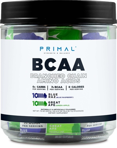 [BRSREYIYOJYRYA3K] Primal BCAA Variety Pack, Blue Raspberry + Great Ape Green Apple Flavored (20 Stickpacks) - 7G BCAA per Serving, Branched Chain Amino Acids