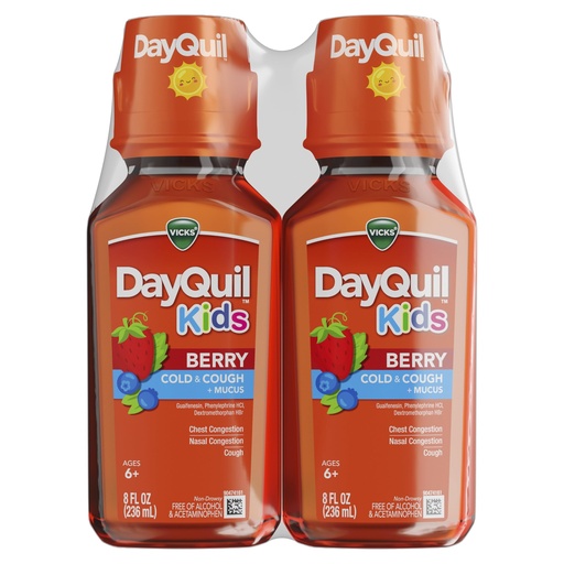 [BRSRGYDYCMGRSYLJ] Vicks Kids DayQuil Berry Cold & Cough Medicine Co-Pack, Daytime Relief of Multiple Symptoms, Great-Tasting Berry Flavor, Free of Alcohol & Acetaminophen, For Ages 6+, 2x8oz