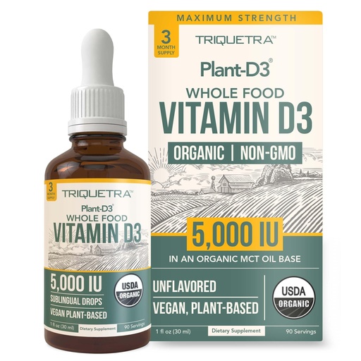 [BRSWYFQZOV5AIYDH] Plant-D3 Organic Vitamin D3 5000 IU - Vegan, Max Strength Sublingual Liquid D3 Drops - 200% Higher Absorption - 100% Plant-Based Cholecalciferol Form - Adjustable Dosing for All Ages (1oz Liquid)