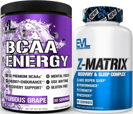 [BRSRG2QCBEJW2CLG] Evlution ZMatrix Magnesium and Zinc Post Workout Supplement (60 Servings) Plus Replenishing BCAAs Amino Acids Powder for Pre & Post Workout (Grape, 30 Servings)