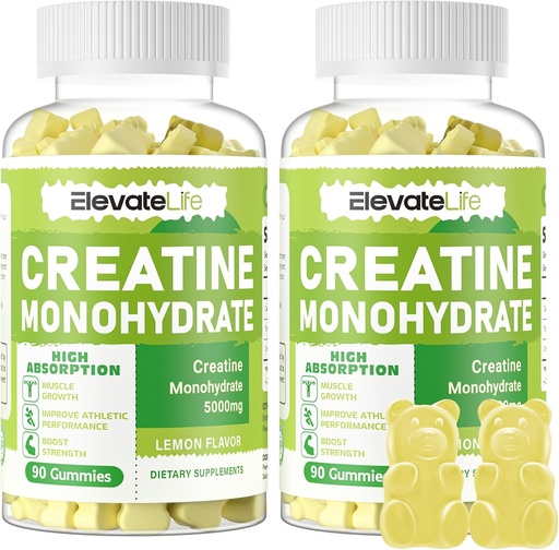 [BRSRA2QTBUORMYA7] ElevineLife Creatine Monohydrate Gummies 5g за мъже Жени - Sugar Free Chewable Допълнение. 180 гумени лимони