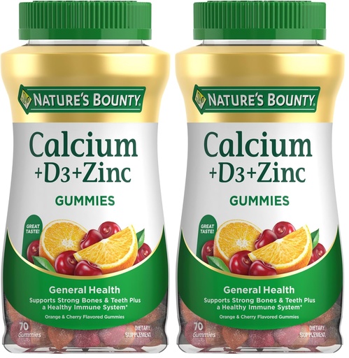 [BRSREBD5CADQYFDP] Nature's Bounty Calcium + D3 + Zinc Gummies, Supports Strong Bones & Teeth Plus a Healthy Immune System, 500mg, Orange and Cherry Flavored, 70 Gummies (Pack of 2)