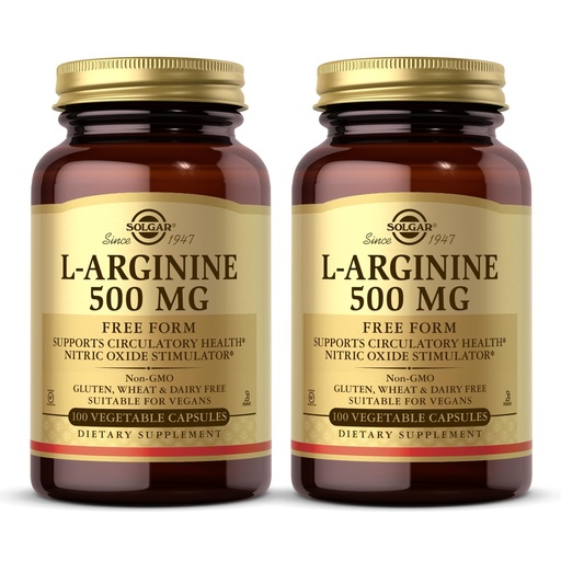 [BRSWIZ3YBNYBEDIZ] SOLGAR L-Arginine 500 mg - 100 Vegetable Capsules, Pack of 2 - Nitric Oxide Stimulator - Non-GMO, Vegan, Gluten Free, Dairy Free, Kosher - 200 Total Servings