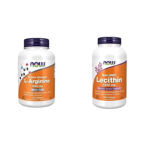 [BRSROCYKPIOQ4YA3] NOW Supplements, L-Arginine 1,000 mg, Nitric Oxide Precursor*, Amino Acid, 120 Tablets & Supplements, Lecithin 1200 mg with Naturally Occurring Phosphatidyl Choline, 200 Softgels