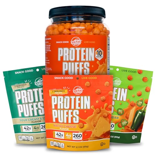 [BRSRMY35BMNR4E3G] Twin Peaks Low Carb, Keto Friendly Protein Puffs, 3 Bags of Assorted Flavor Puffs + 1 Jug Nacho Cheese Flavor Puffs
