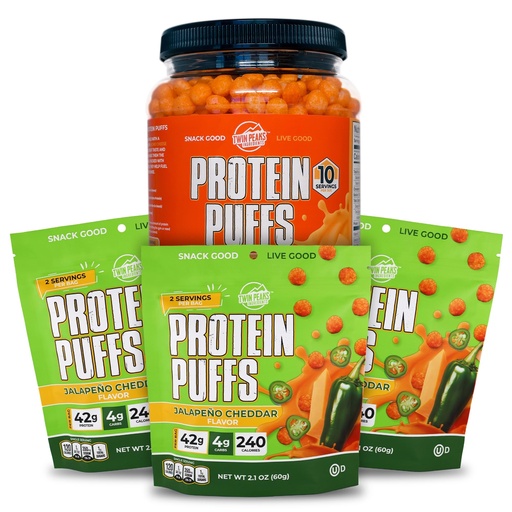 [BRSRMY35OEOR43LJ] Twin Peaks Low Carb, Keto Friendly Protein Puffs, 3 Bags of Jalapeno Cheddar Flavor Puffs + 1 Jug Nacho Cheese Flavor Puffs