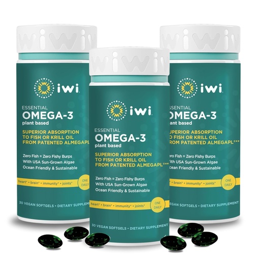 [BRSRMCQ7OZ7AAF3B] Iwi Omega-3 Essential, 90 Softgels (90 Servings), Plant-Based Algae Omega 3 with EPA + DHA, Brain, Heart & Immune Support Dietary Supplement, Krill & Fish Oil Alternative, No Fishy Aftertaste