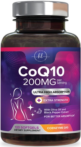 [BRSRACANCEBRGAI7] Coenzyme Q10 200mg per Serving Supplement - Ultra High Absorption, Antioxidant for Heart Health & Energy Production Support - CoQ10 (Ubiquinone) Co Q 10 Supplement & Vitamins 100mg Each - 120 Softgels