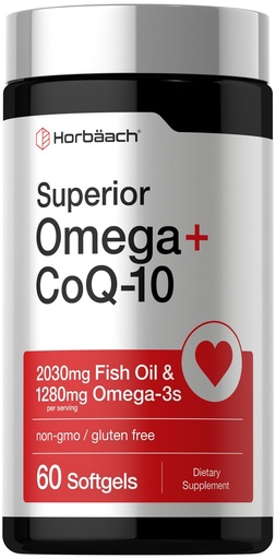 [BRSREBQ5OVYR63AV] Horbaach Omega with CoQ-10 | 60 Softgels | 2030mg Fish Oil | 1280mg Omega-3s | Non-GMO, Gluten Free