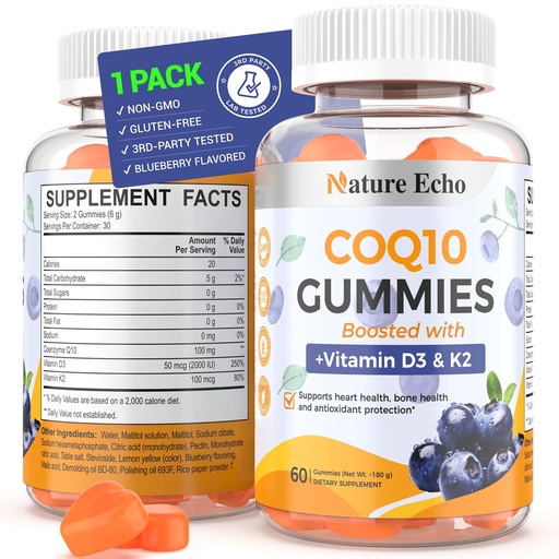 [BRSREAANOENB62Q6] Nature Echo® CoQ10 Gummies 100mg, CoQ10 Supplement with Vitamin D3 & K2, Coenzyme Q10 Supplement Blueberry Flavor, Sugar Free, Heart Health, Bone Support & Antioxidant, Vegan, Non-GMO 60 Gummies