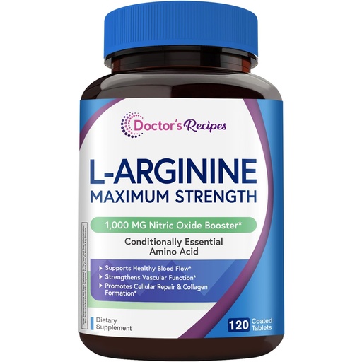 [BRSREGDRBUHRSYLH] Doctor's Recipes L-Arginine 1000mg, Maximum Dose, Nitric Oxide Production, Blood Flow and Vascular Function, Endurance and Workout Support for Men and Women, 120 Coated Tablets