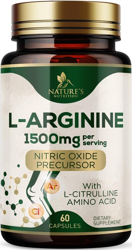 [BRSRAAQHAR7QAETO] L-Arginine Extra Strength Supplement with L-Citrulline - Muscle Supporting Natural Nitric Oxide Precursor Booster - Heart Health Support - Amino Acid Energy Blend for Men, USA Bottled - 60 Capsules