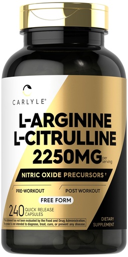 [BRSROEA5OF7QICTH] Carlyle L-Arginine L-Citrulline Supplement | 2250mg | 240 Powder Capsules | Nitric Oxide Precursors | Free Form | Non-GMO & Gluten Free