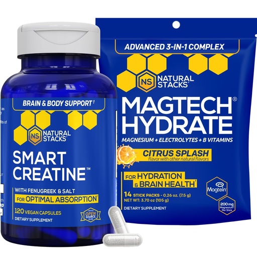 [BRSRGHD4BAPR4HTU] NATURAL STACKS Creatine Monohydrate & Magtech Hydrate Bundle - 2500mg Creatine + 200mg Elemental Magnesium Per Serving - Supports Hydration, Brain Health & Endurance - 44 Total Servings