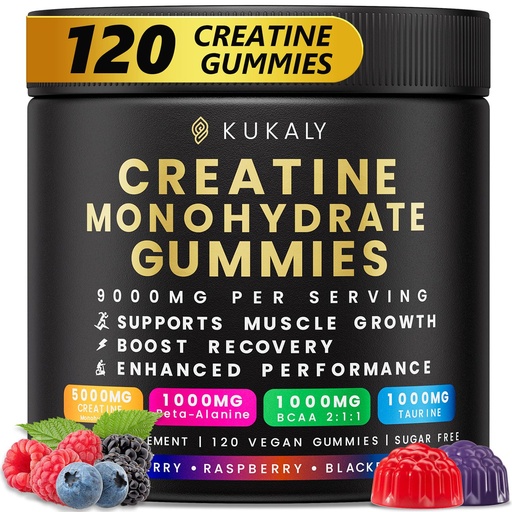 [BRSREFDYCF6AA2D4] KUKALY Creatine Monohydrate Gummies for Men & Women, 9000MG Creatine Gummies Sugar Free - Mixed Flavored with L-Taurine, BCAA 2:1, B12 B6 for Boost Strength, Focus & Endurance, Vegan, Non-GMO, 120pcs