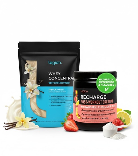 [BRSRGHD3OACWC33O] LEGION Post Workout Recovery Stack – Recharge Creatine Post Workout Drink (Strawberry Lemonade) + Whey Protein Powder (Vanilla) – Muscle Growth, Strength & Recovery Support – 30 Servings Each