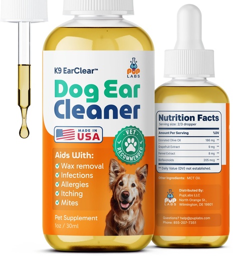 [BRSRABAKDF5RQ3DP] Pup Labs Ear Clear, Natural Dog Ear Cleaner and Infection Treatment for Dogs, Dog Drops for Itching, Irritation, & Wax Build-Up, 1 oz Bottle with Dropper