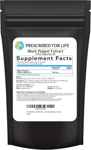 [BRSWKHYQBQFGY3I6] Prescribed For Life Piperine Powder, 95% Black Pepper Extract Powder, Boosts Nutrient Absorption, Gluten Free, Vegan, Non GMO, Natural Antioxidant (2oz / 56g)