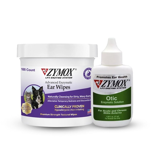 [BRSROBQNPJ7AMCLU] PET KING BRANDS ZYMOX Enzymatic Ear Wipes & Otic Solution Hydrocortisone Free for Dogs & Cats - Product Bundle - for Dirty, Waxy, Smelly Ears & to Soothe Infections, 100 Count Wipes & 1.25oz Bottle